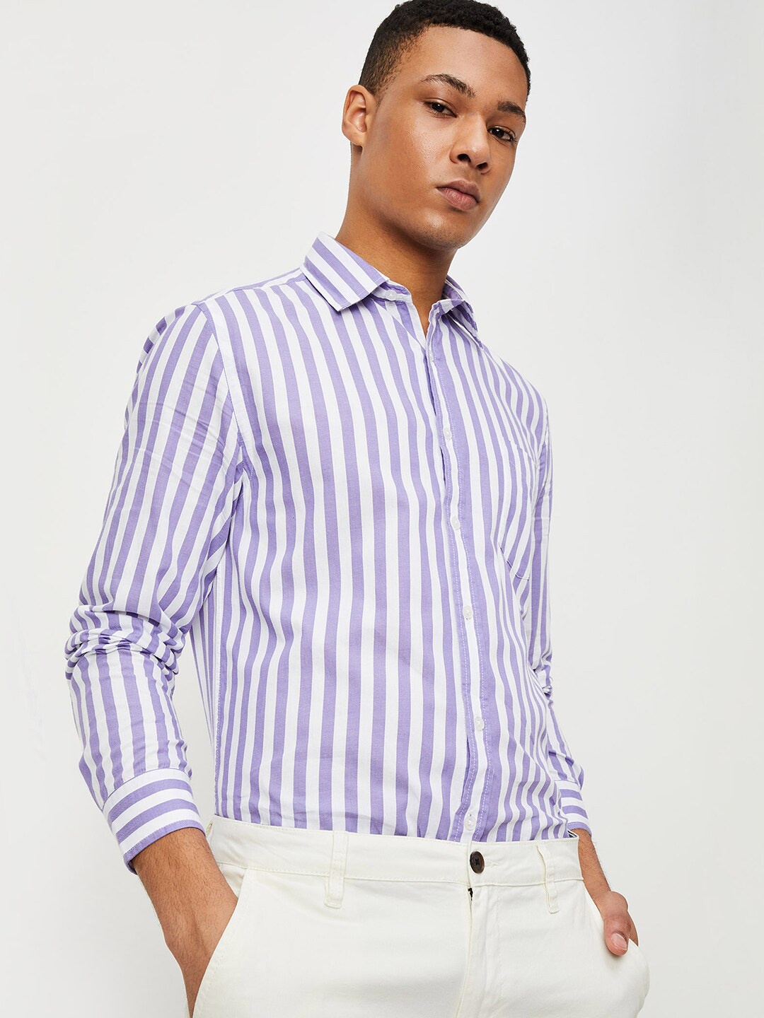 

max Men Striped Pure Cotton Casual Shirt, Purple