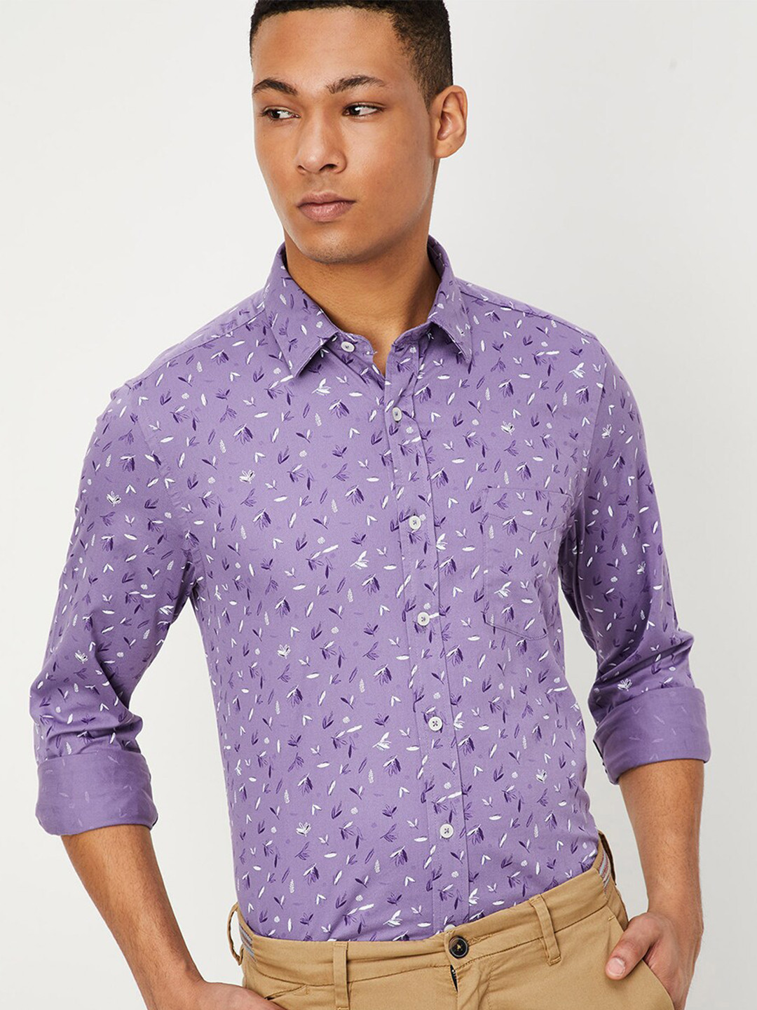 

max Men Floral Printed Pure Cotton Casual Shirt, Purple