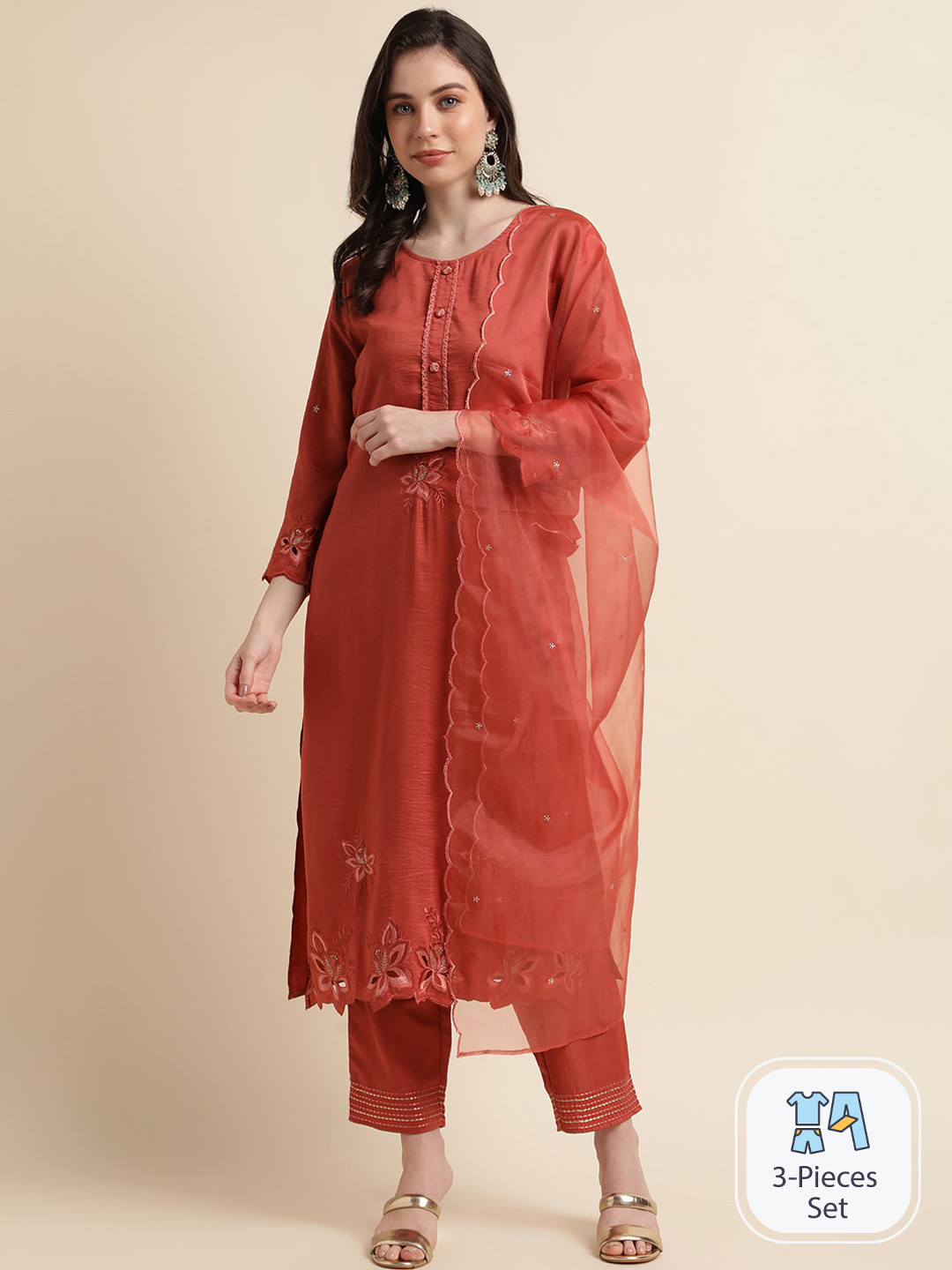 

Sangria Floral Embroidered Straight Kurta With Trouser & Dupatta, Rust