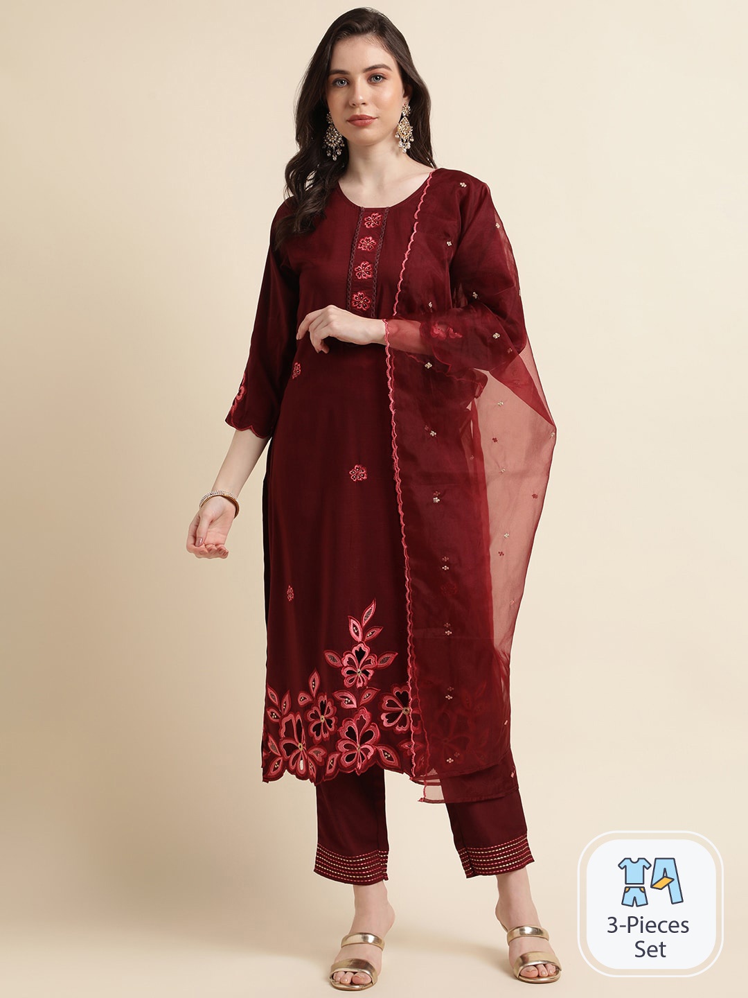 

Sangria Floral Embroidered Straight Kurta With Trouser & Dupatta, Maroon