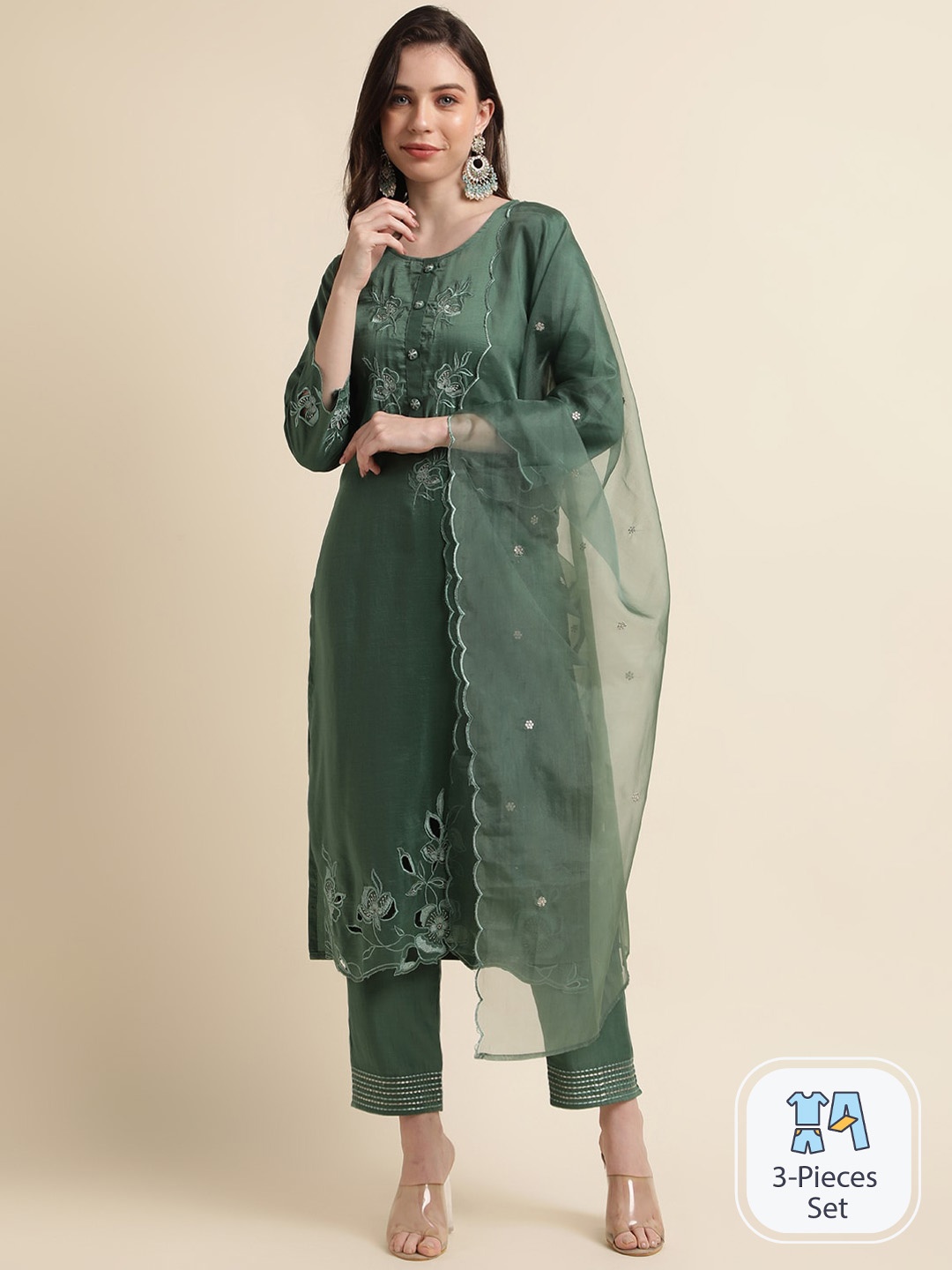 

Sangria Floral Embroidered Straight Kurta With Trousers & Dupatta, Green