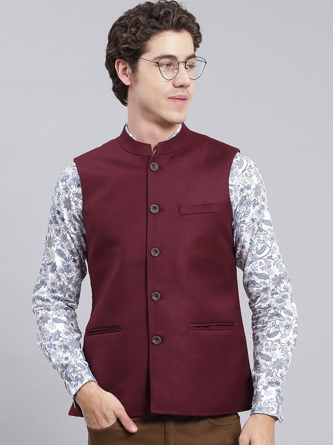 

Monte Carlo Mandarin Collar Nehru Jacket, Maroon