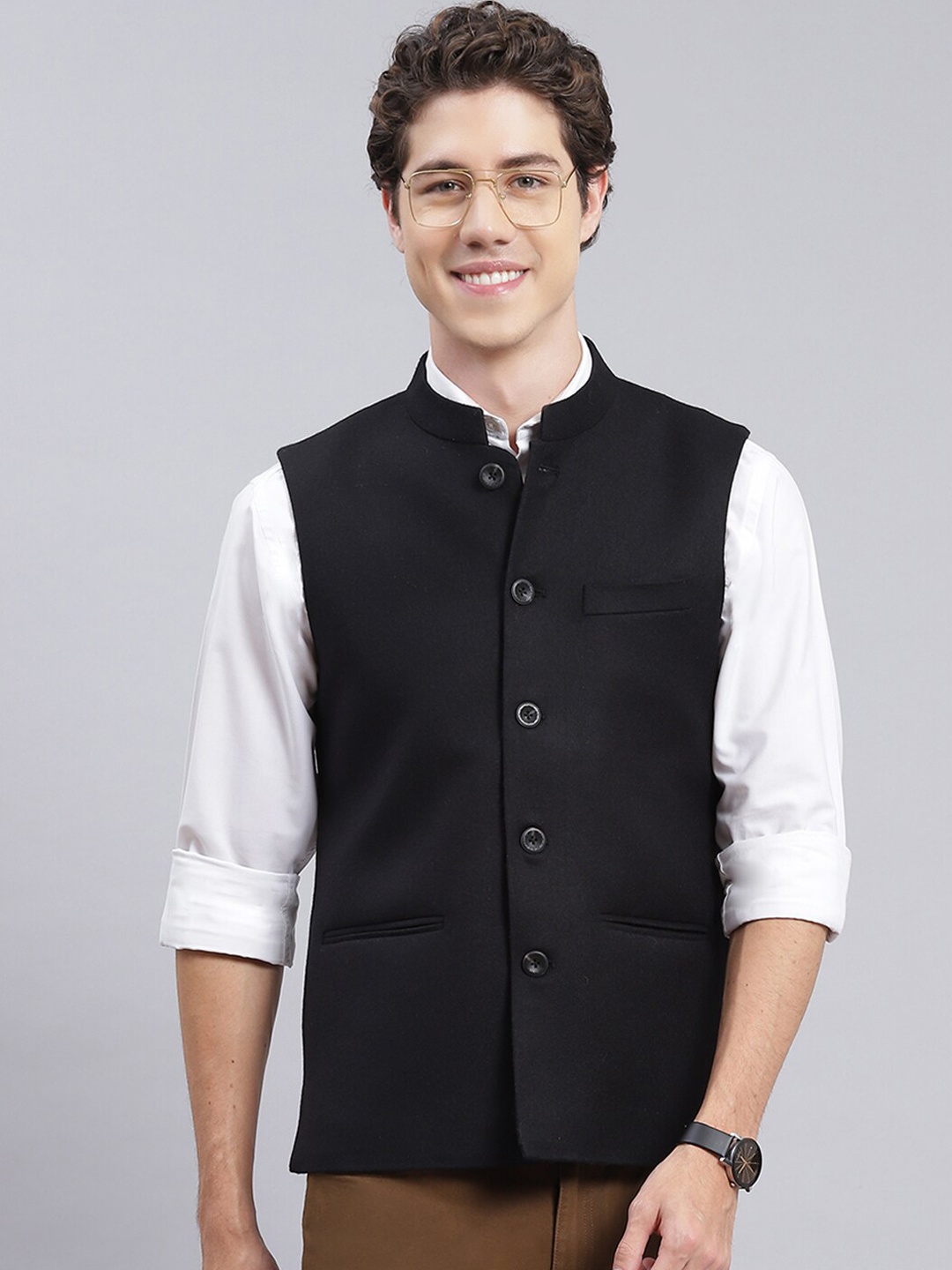 

Monte Carlo Mandarin Collar Nehru Jacket, Black