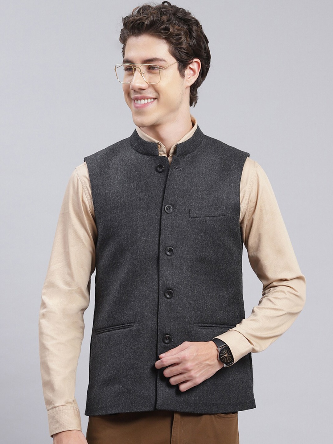 

Monte Carlo Mandarin Collar Nehru Jacket, Charcoal
