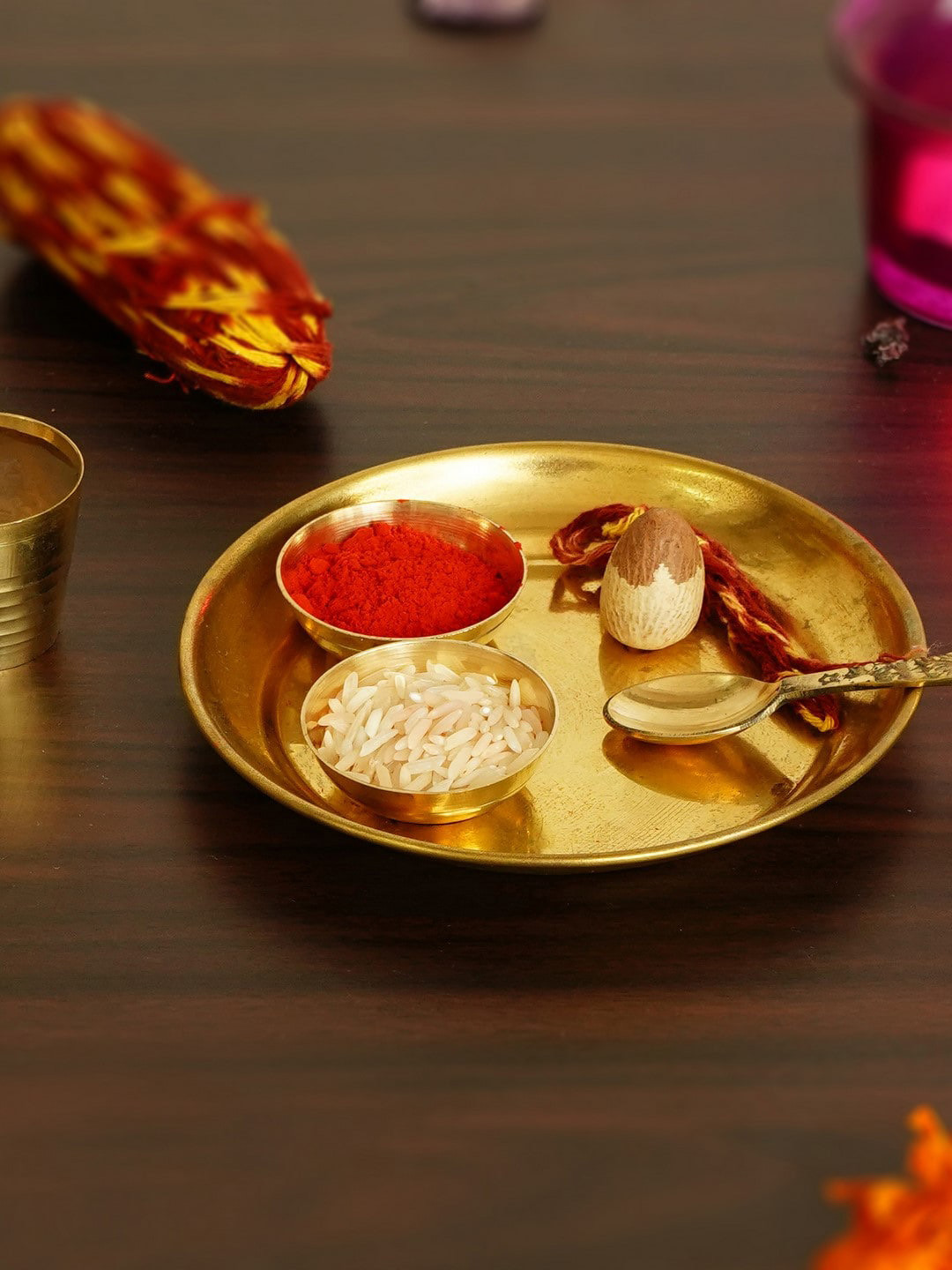 

eCraftIndia Yellow Brass Pooja Thali With 2 Bowls & 1 Spoon & 1 Glass, Gold
