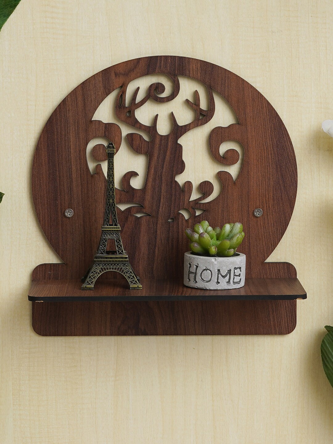 

eCraftIndia Brown Round Shaped Deer Cut Out Decorative Wooden Wall Shelf