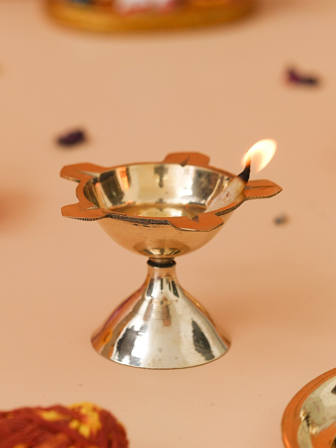 

eCraftIndia Yellow Traditional Decorative Brass Diya Of Five Wick, Gold
