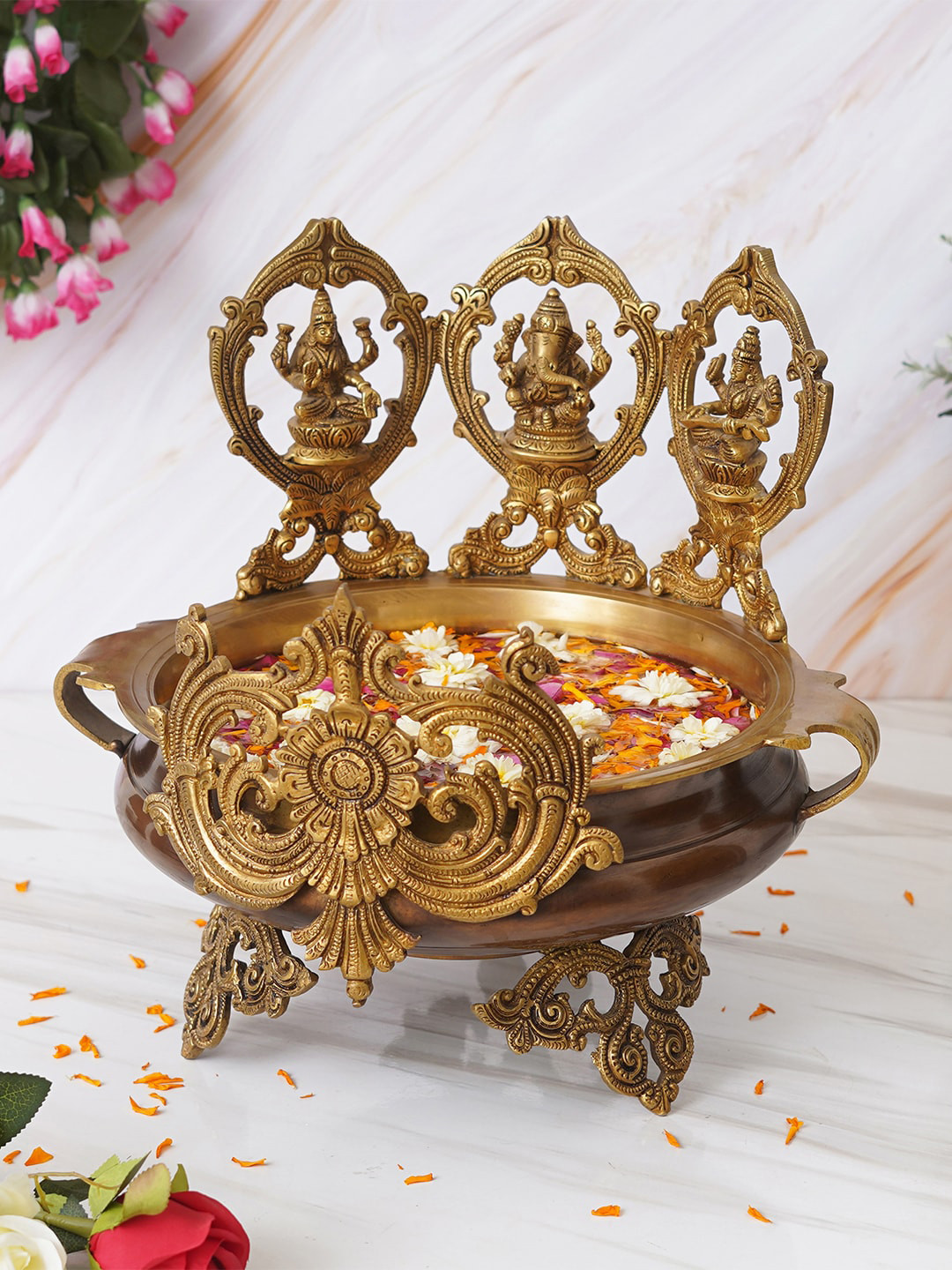 

eCraftIndia Gold Toned Textured Lord Ganesha Goddess Lakshmi & Saraswati Decorative Bowl