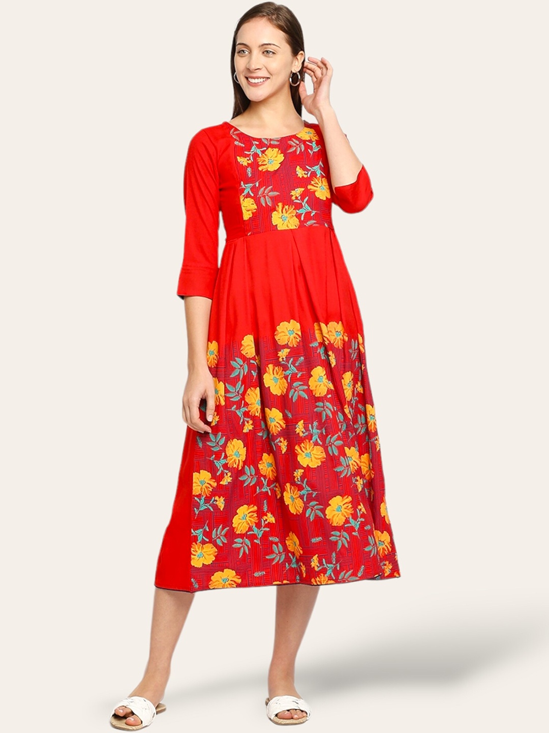 

True Shape Floral Printed Maternity & Feeding A-Line Midi Dress, Red