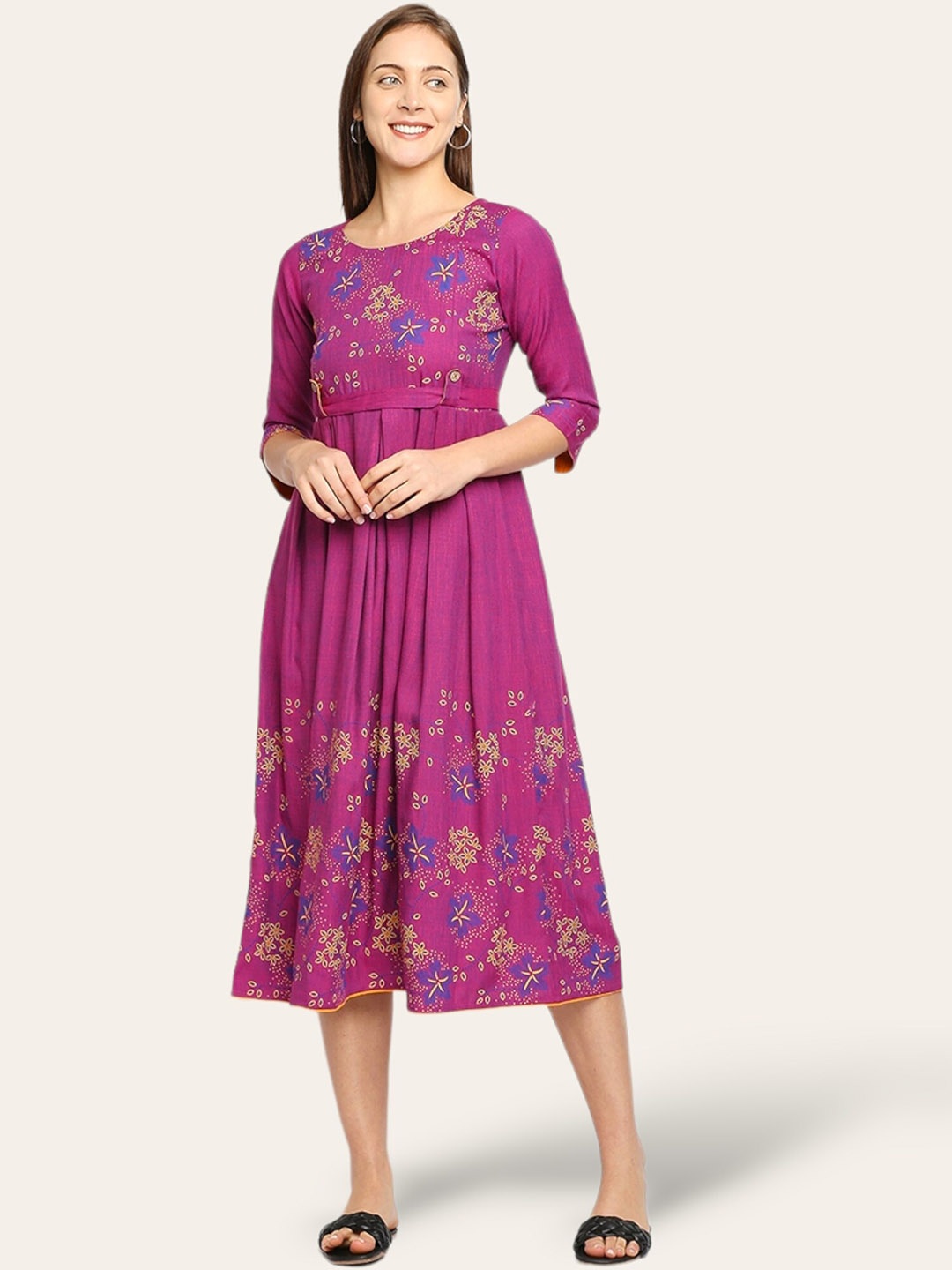 

True Shape Floral Printed Maternity & Feeding A-Line Midi Dress, Purple