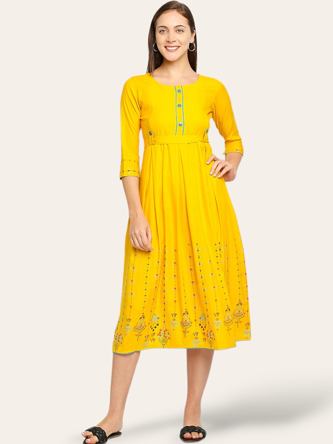 

True Shape Floral Printed Maternity Fit and Flare Midi Dress, Yellow