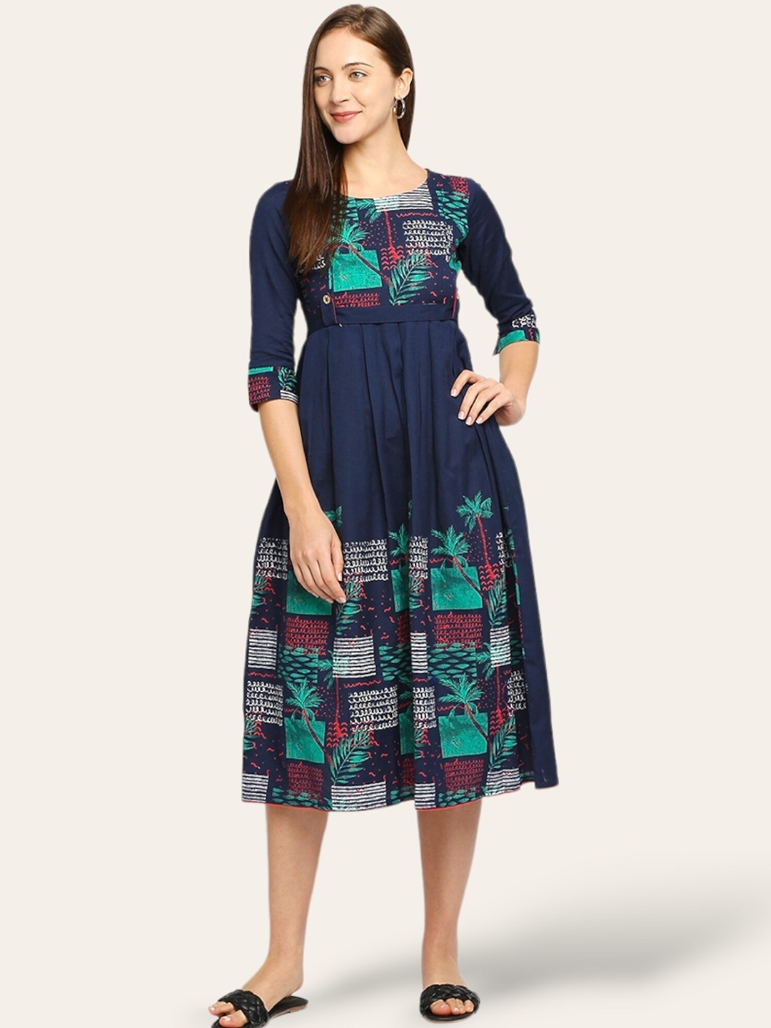 True Shape Abstract Printed Maternity Fit and Flare Midi Dress, Navy blue