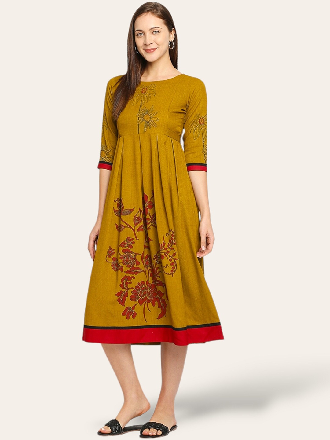 

True Shape Floral Printed Maternity Fit and Flare Midi Dress, Mustard