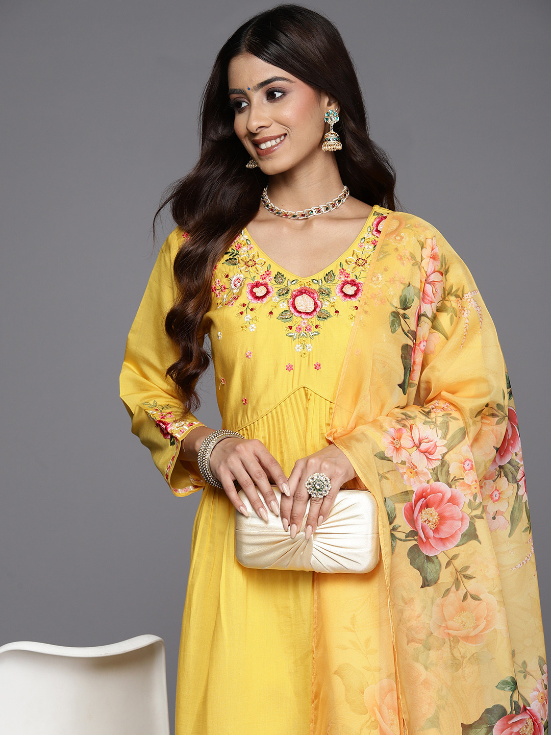 

Indo Era Women Floral Embroidered Regular Thread Work Kurta with Trousers & With Dupatta, Yellow