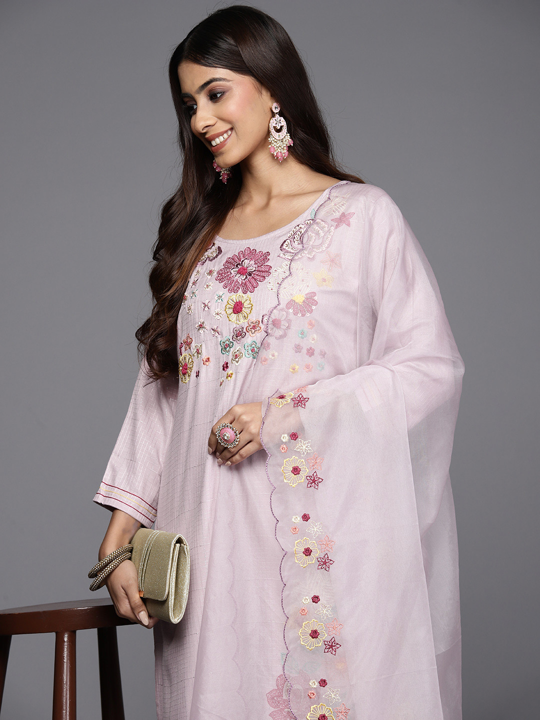 

Indo Era Women Floral Embroidered Regular Thread Work Kurta with Trousers & With Dupatta, Lavender