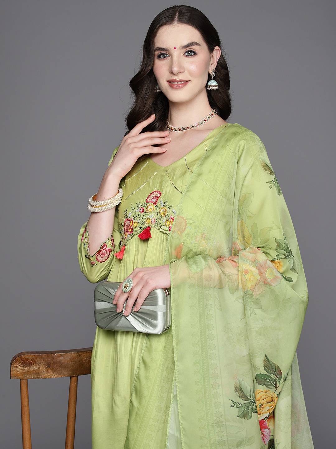 

Indo Era Floral Embroidered Empire Sequinned Kurta with Trousers & Dupatta, Green