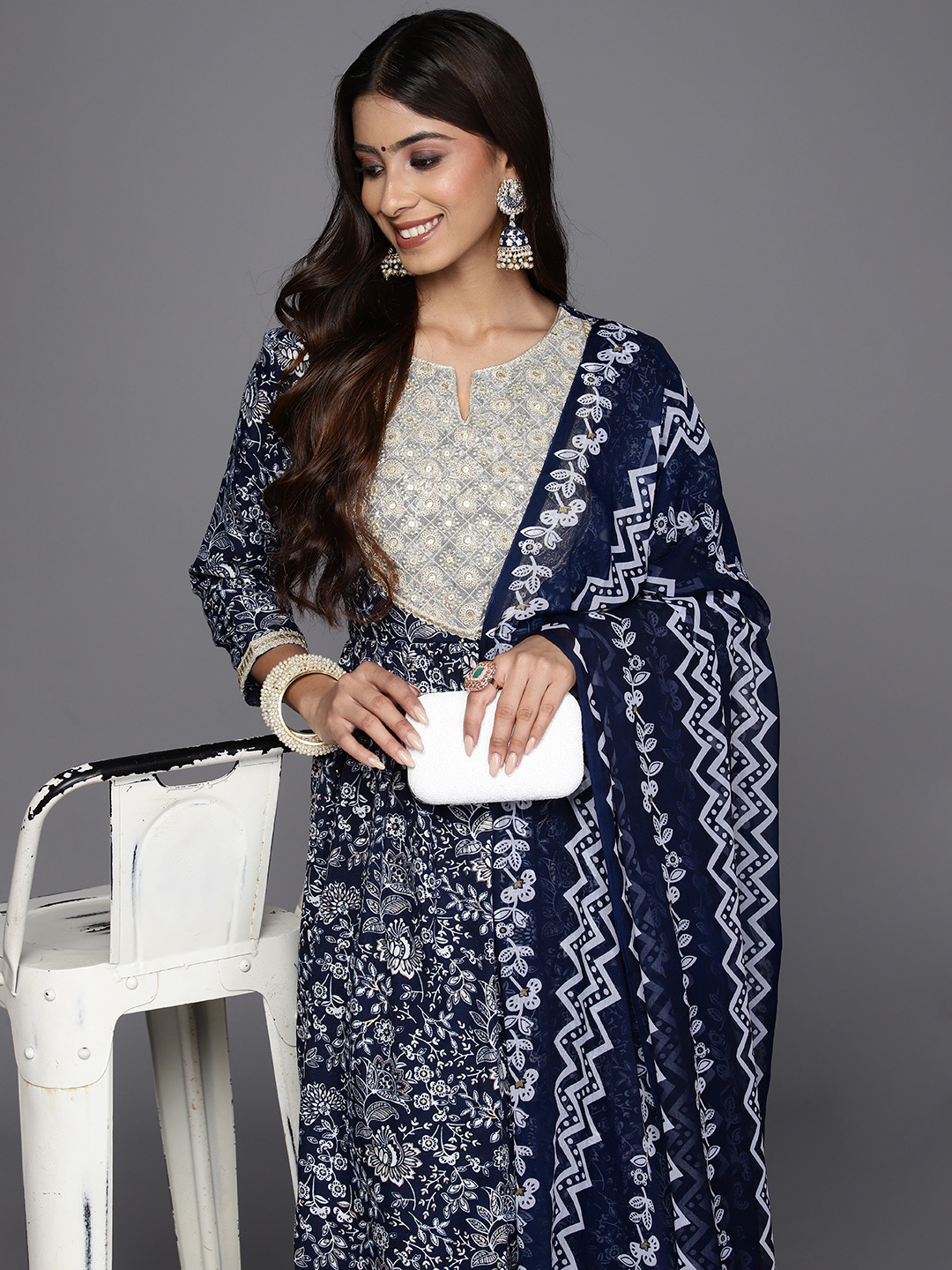 

Indo Era Floral Printed Regular Sequinned Pure Cotton Kurta with Trousers & Dupatta, Navy blue