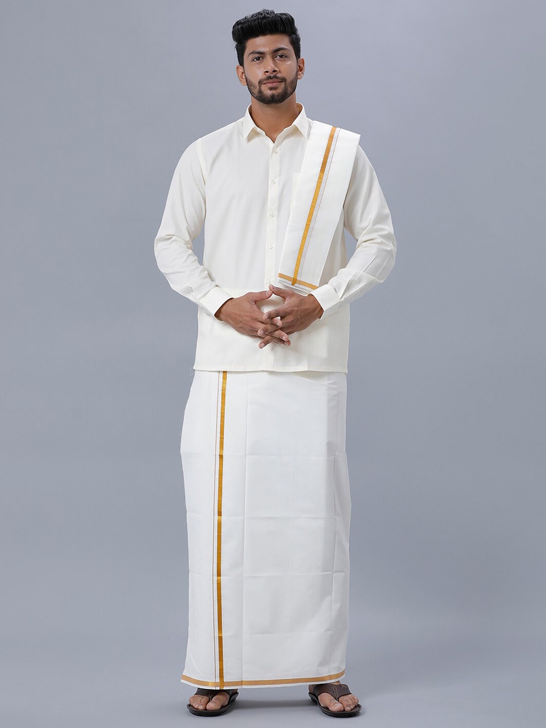 

Ramraj Spread Collar Pure Cotton Shirt & Dhoti With Angavastram, White