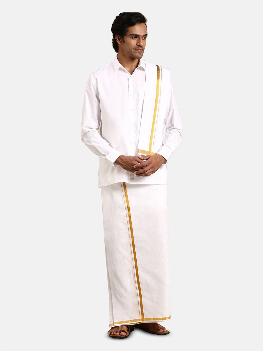 

Ramraj Pure Cotton Shirt With Veshti & Angavastram, White