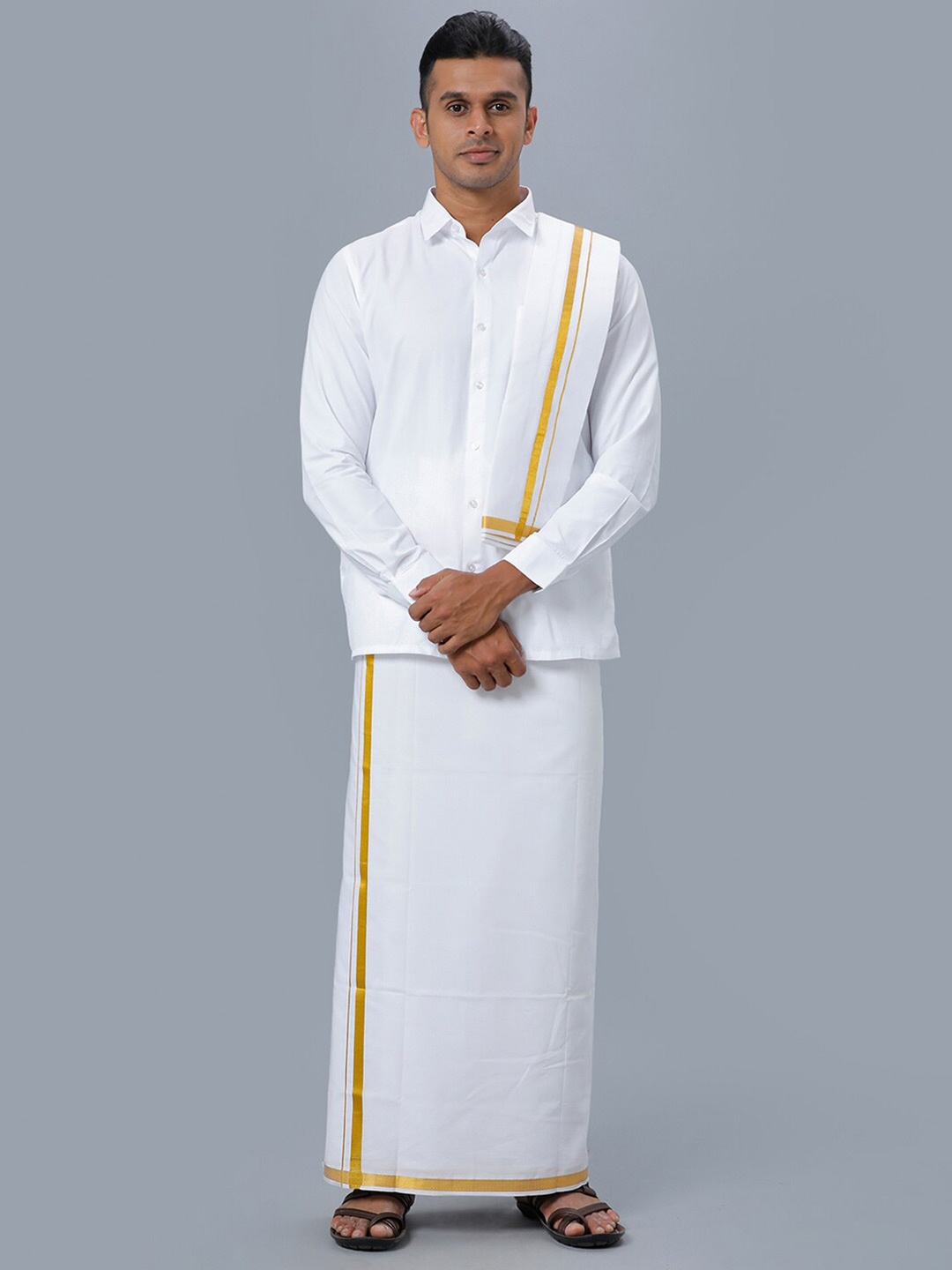 

Ramraj Long Sleeves Pure Cotton Shirt & Veshti, White