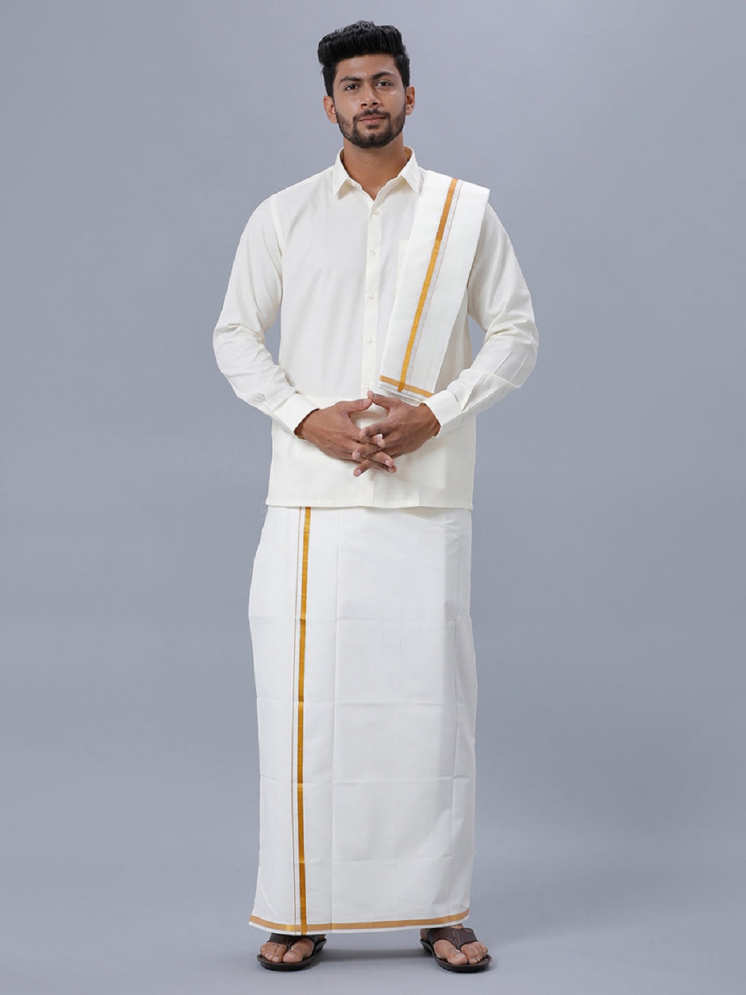 

Ramraj Shirt Collar Pure Cotton Shirt & Veshti With Towel Set, White