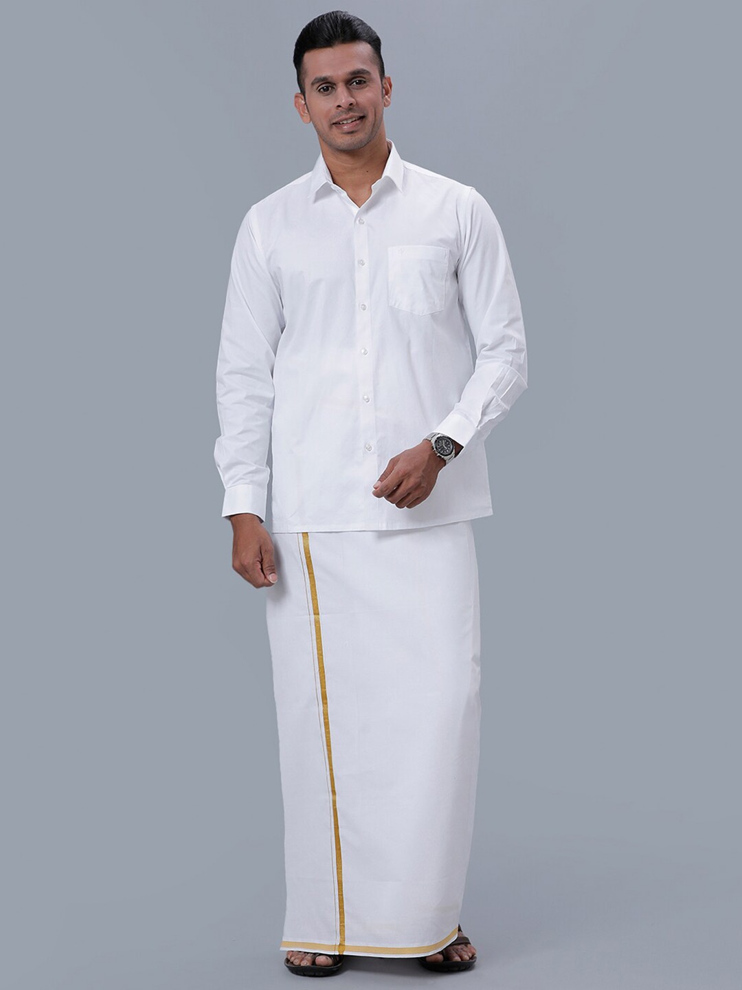 

Ramraj Long Sleeves Pure Cotton Shirt With Veshti, White