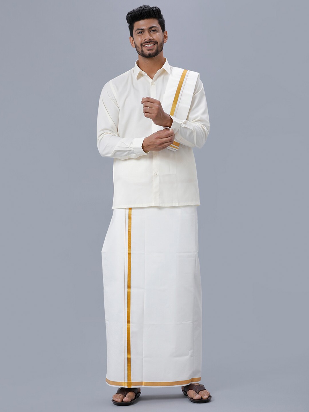 

Ramraj Spread Collar Pure Cotton Shirt & Veshti With Angavastram, Cream