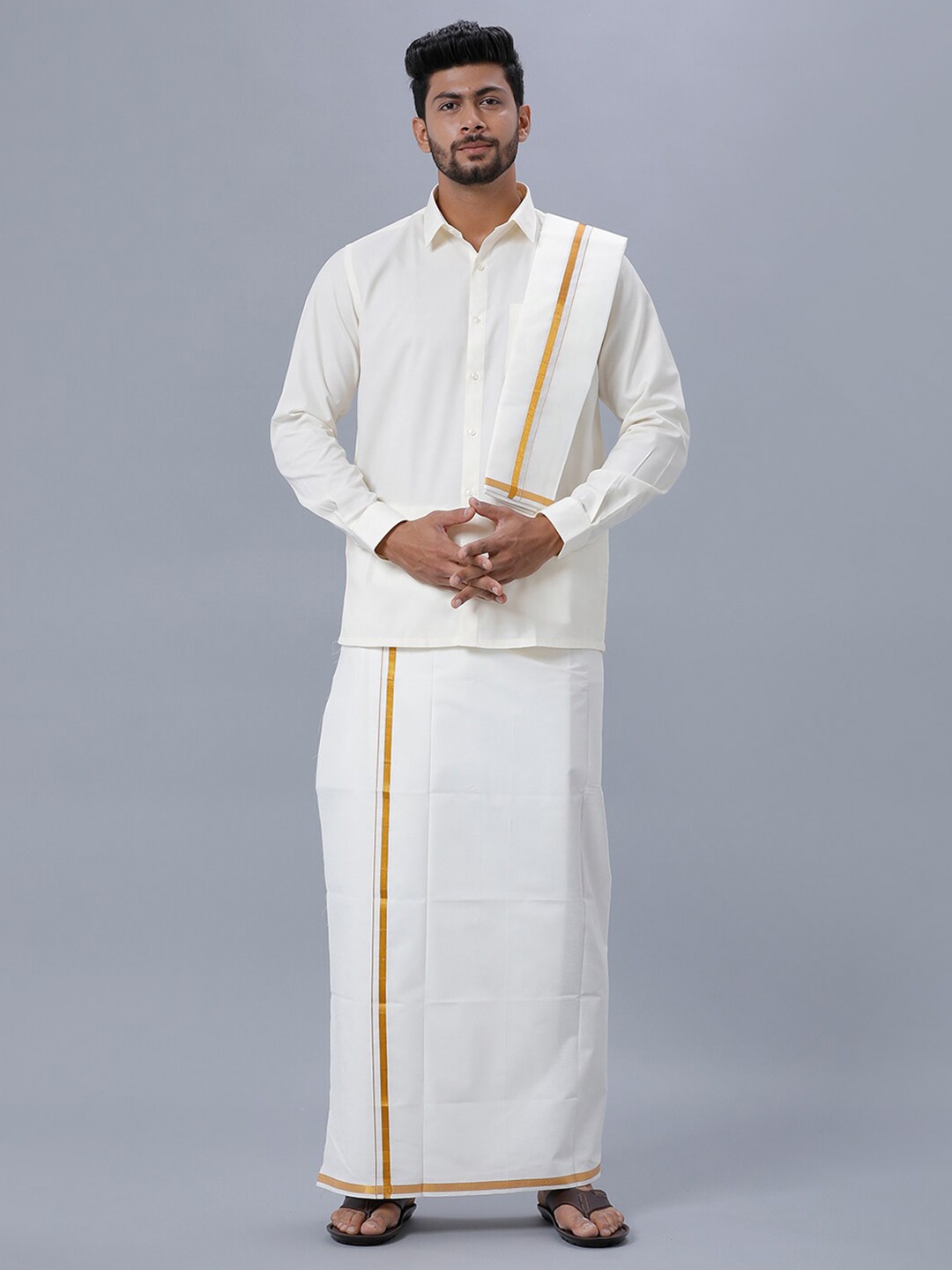 

Ramraj Long Sleeves Pure Cotton Shirt & Veshti with Angavastram, Off white