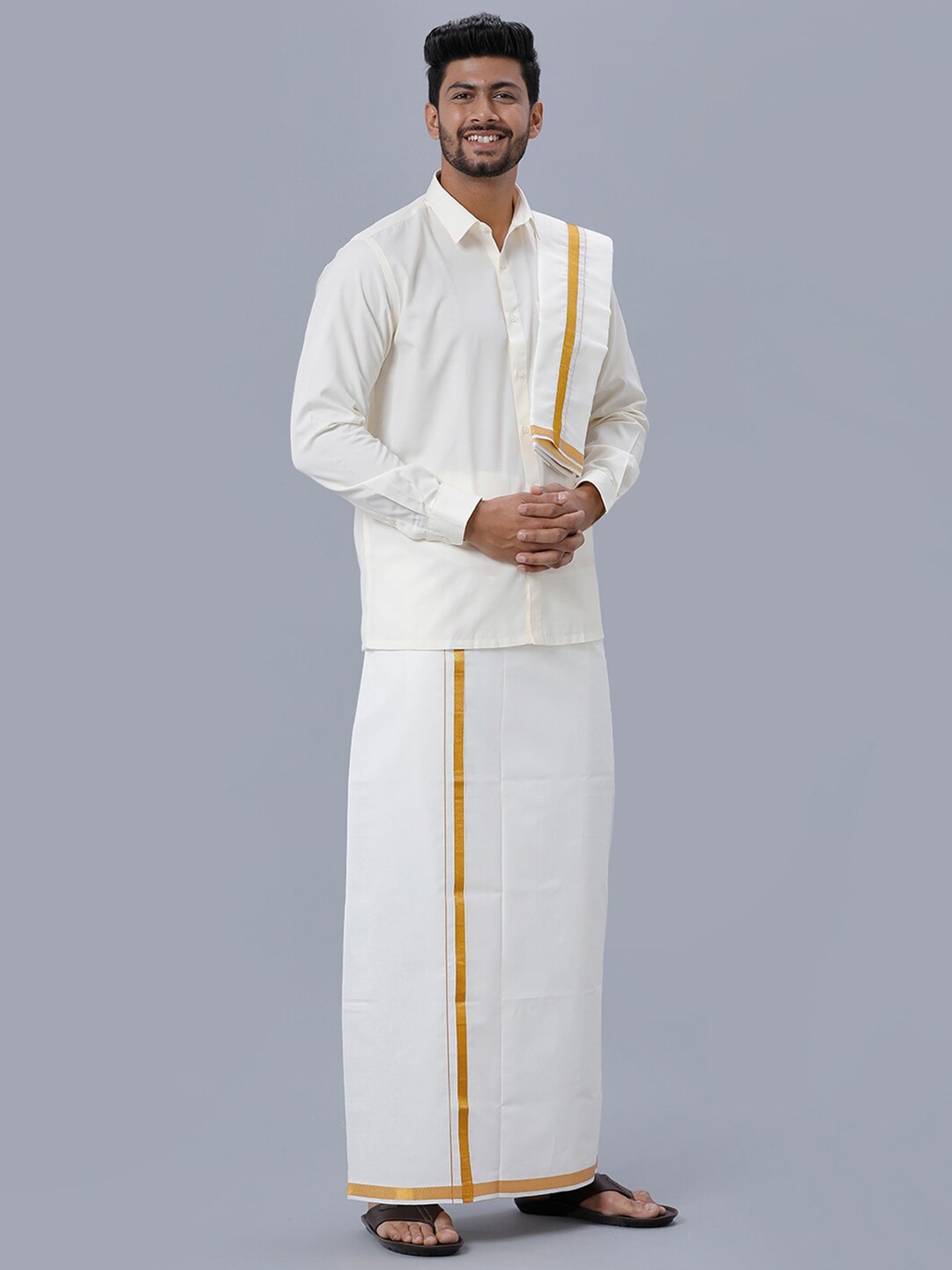 

Ramraj Spread Collar Pure Cotton Shirt & Veshti With Angavastram, White