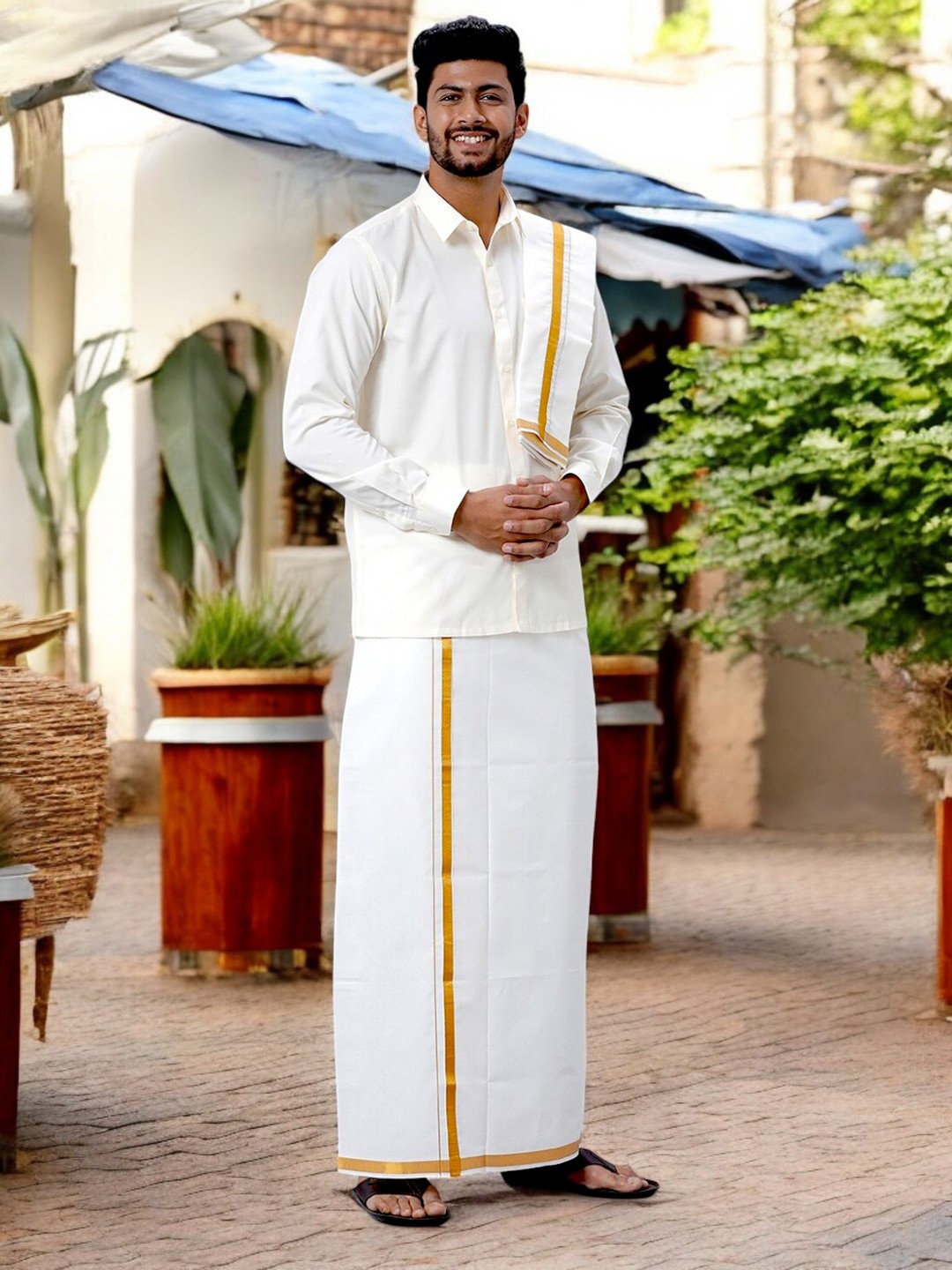 

Ramraj Spread Collar Pure Cotton Shirt & Veshti With Angavastram, White