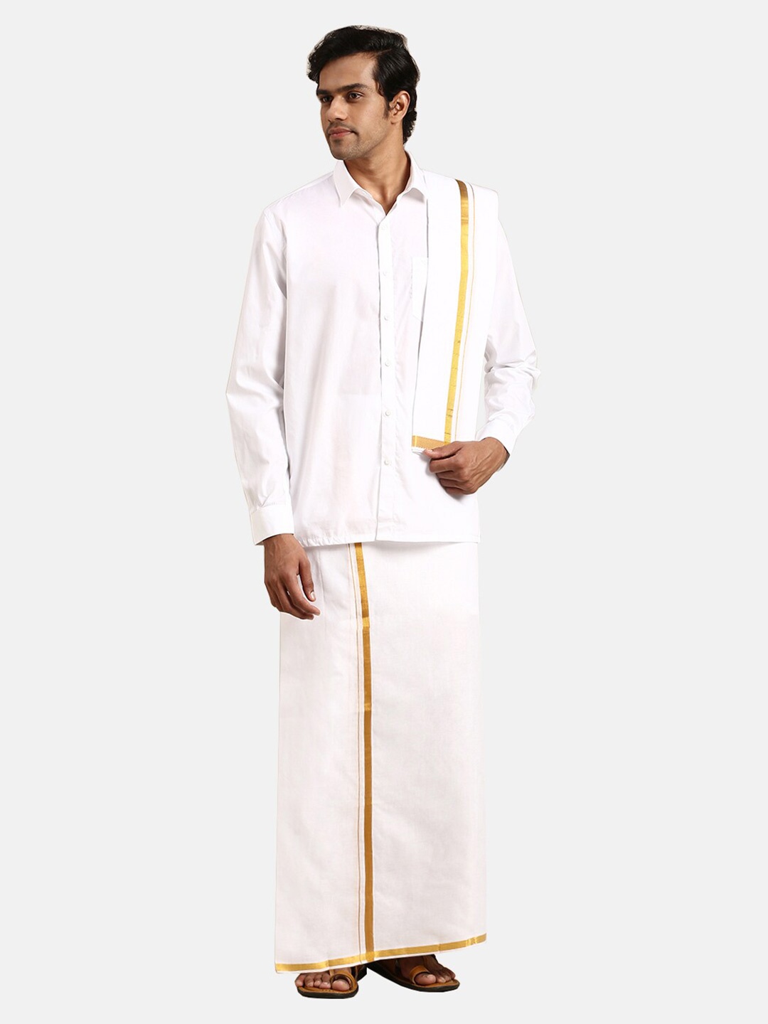 

Ramraj Pure Cotton Shirt With Veshti & Angavastram, White