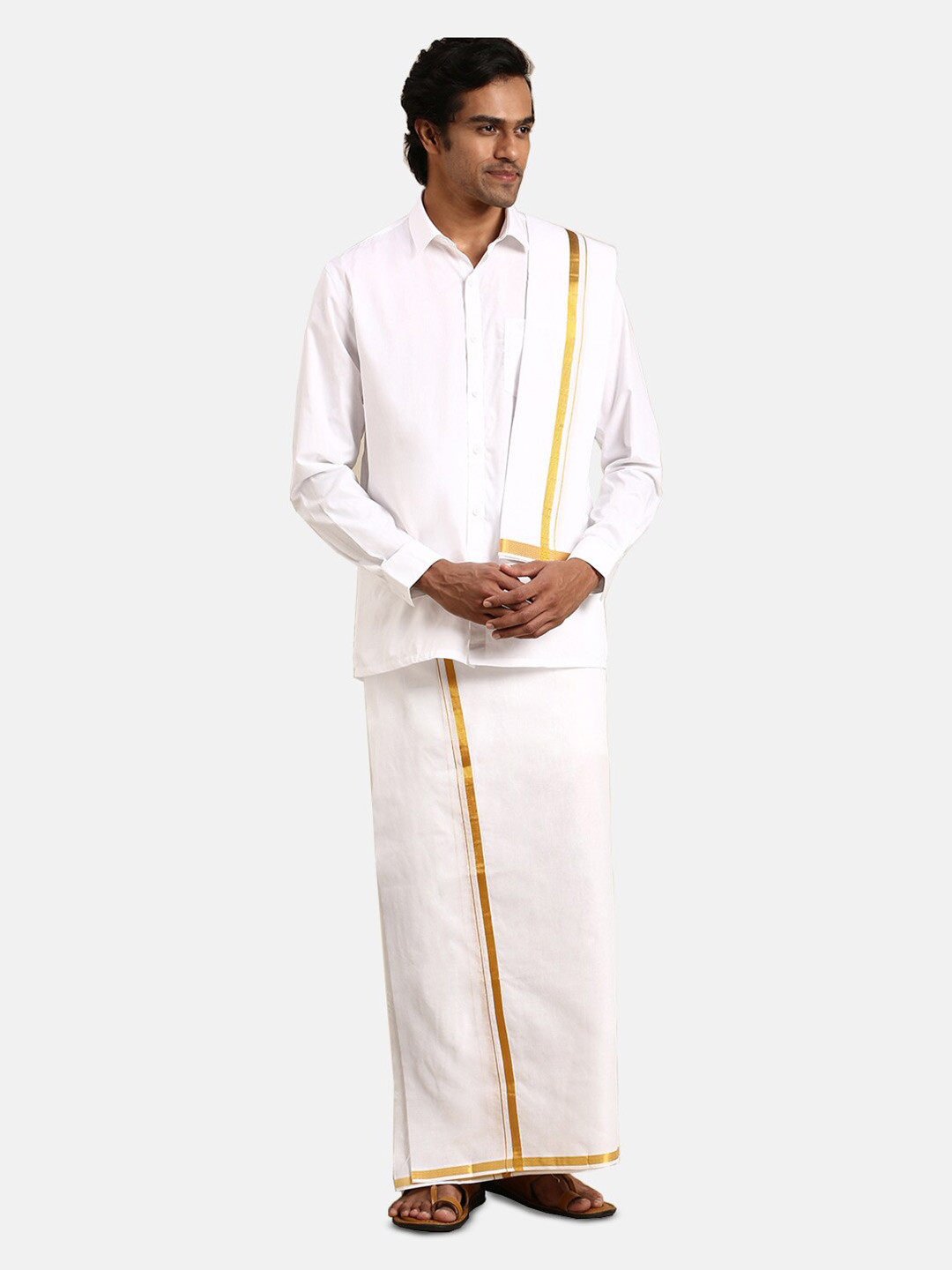 

Ramraj Long Sleeves Pure Cotton Shirt & Veshti with Angavastram, White