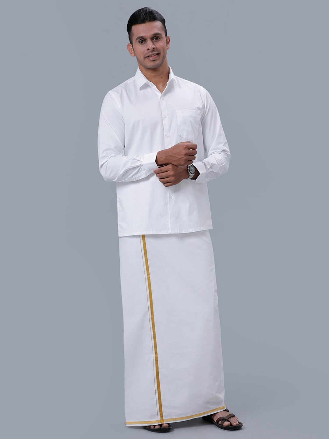 

Ramraj Spread Collar Pure Cotton Shirt & Veshti, White