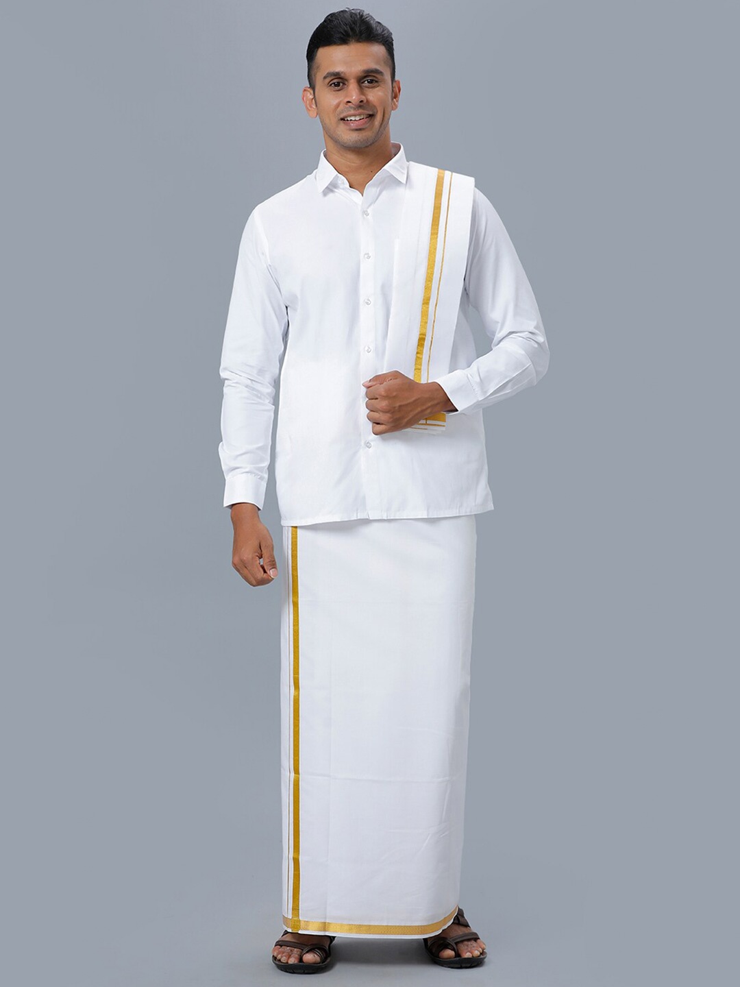 

Ramraj Men Pure Cotton Shirt & Zari Detail Double Dhoti With Towel, White