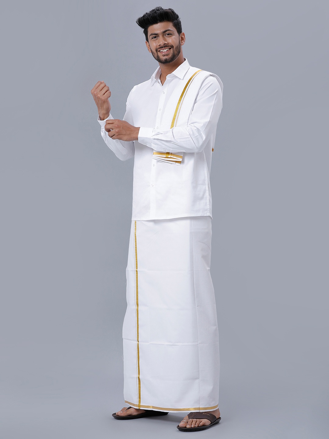 

Ramraj Spread Collar Pure Cotton Shirt & Veshti With Angavastram, White