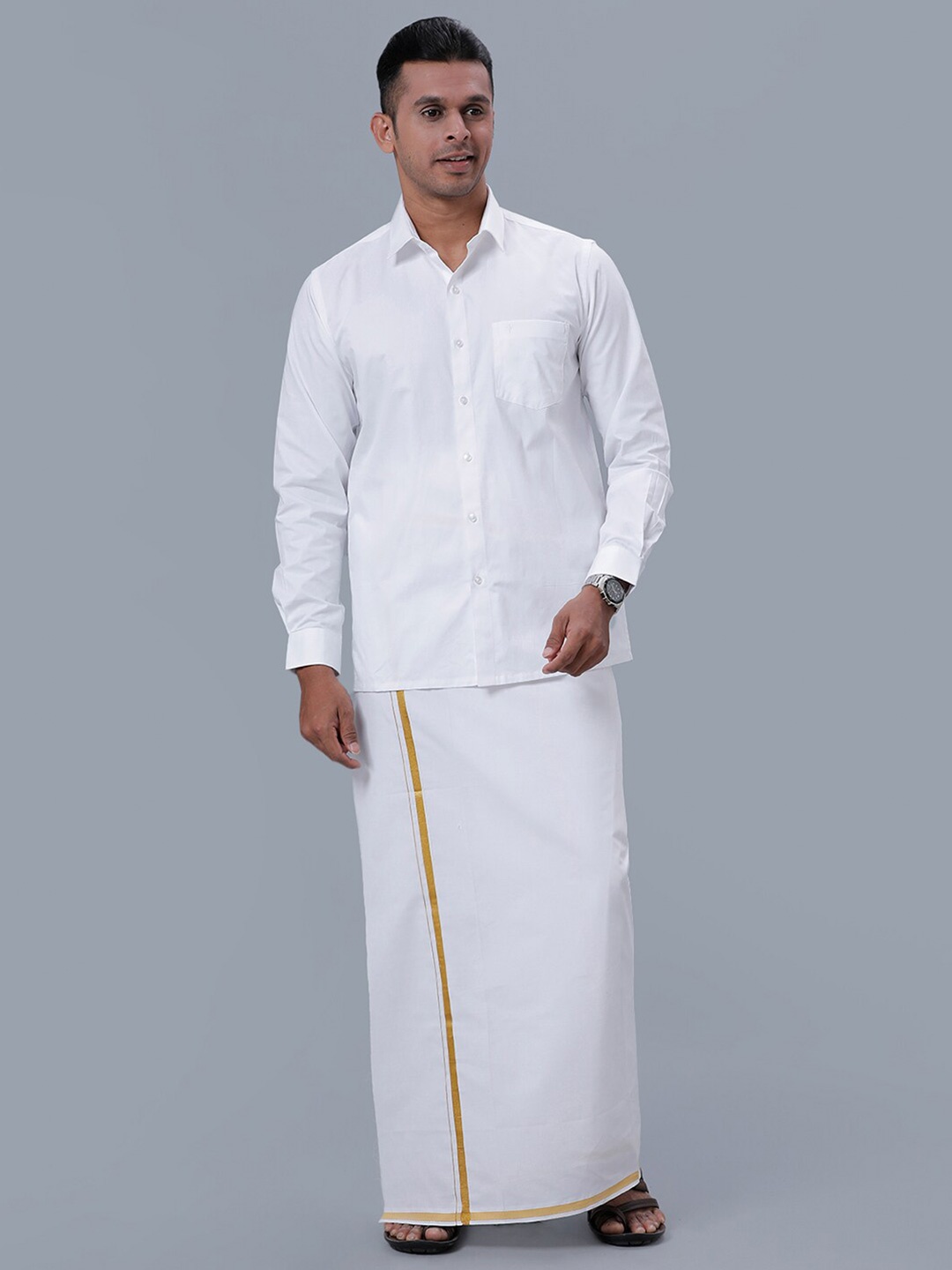 

Ramraj Long Sleeves Pure Cotton Shirt With Veshti, White