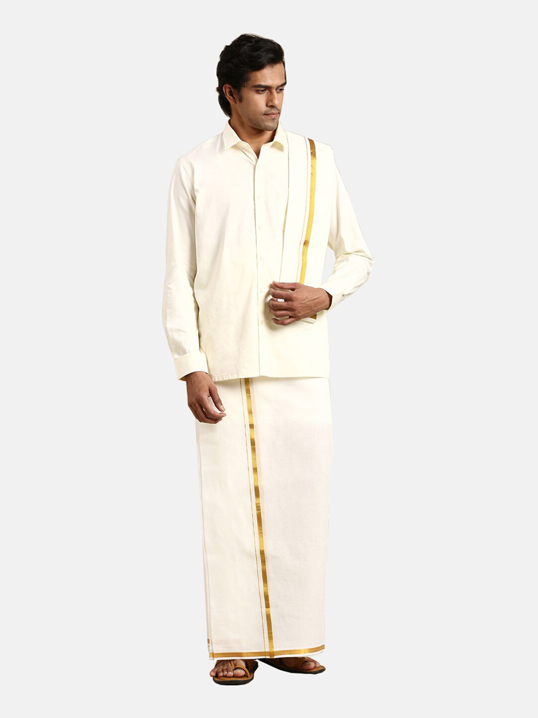 

Ramraj Pure Cotton Shirt With Veshti & Angavastram, Cream