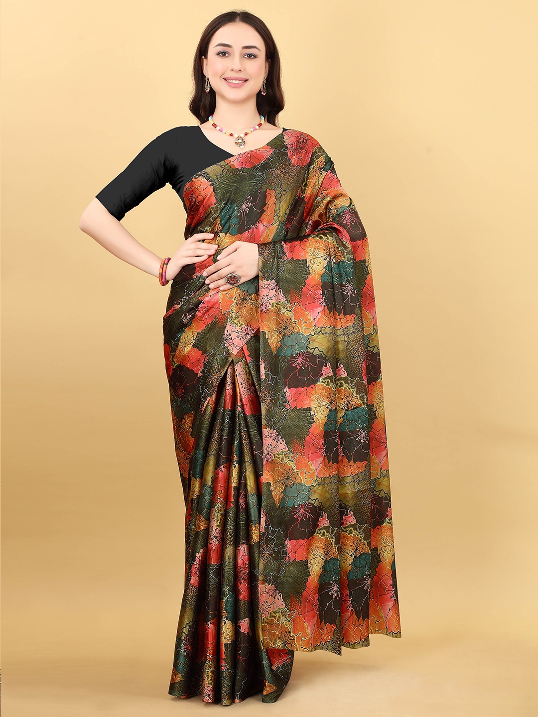 

VEECHIS Floral Printed Satin Saree, Orange