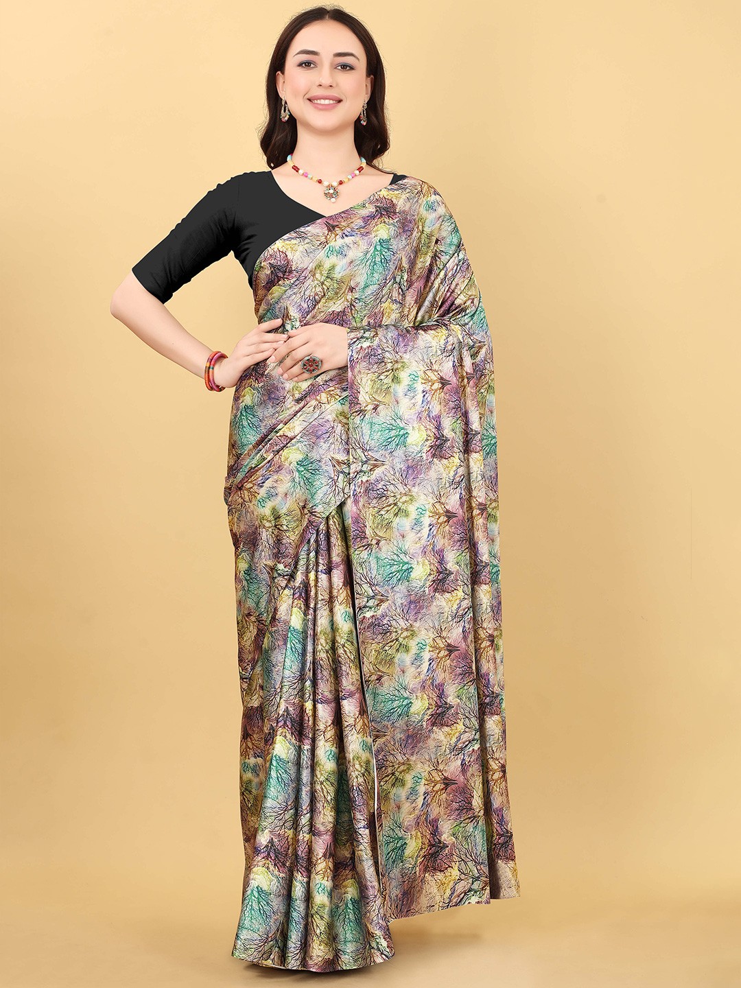 

VEECHIS Abstract Printed Satin Saree, Purple