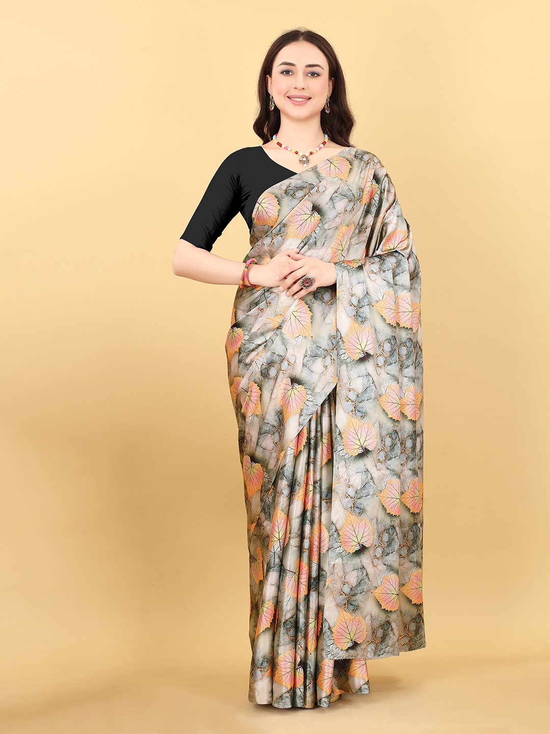 

VEECHIS Floral Printed Satin Saree, Grey