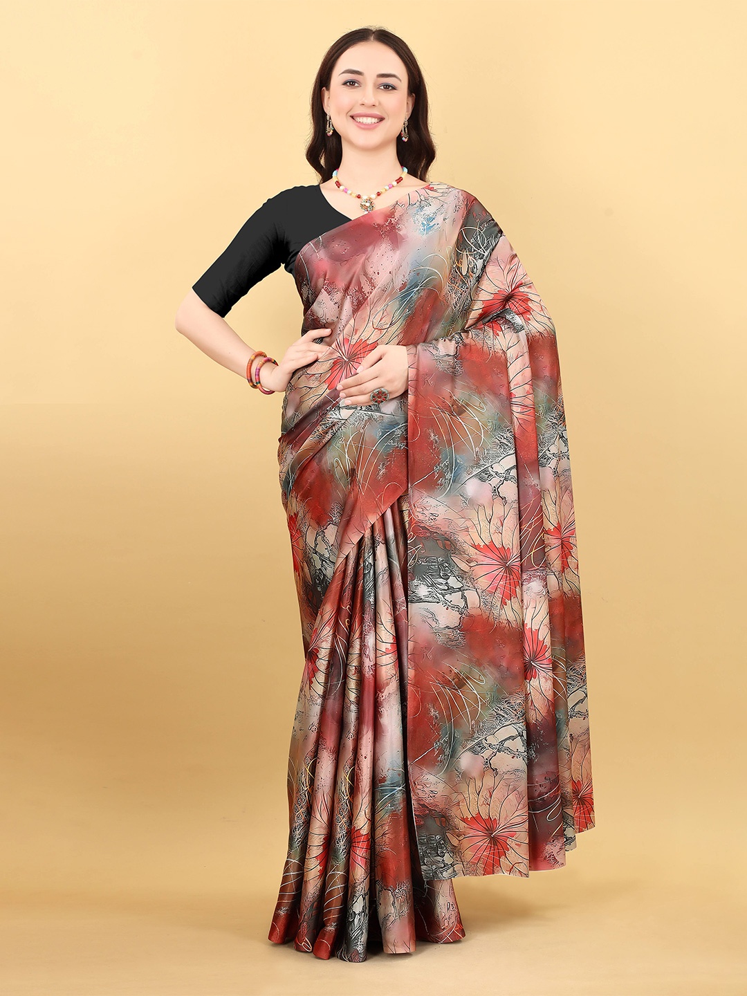 

VEECHIS Floral Printed Satin Saree, Maroon