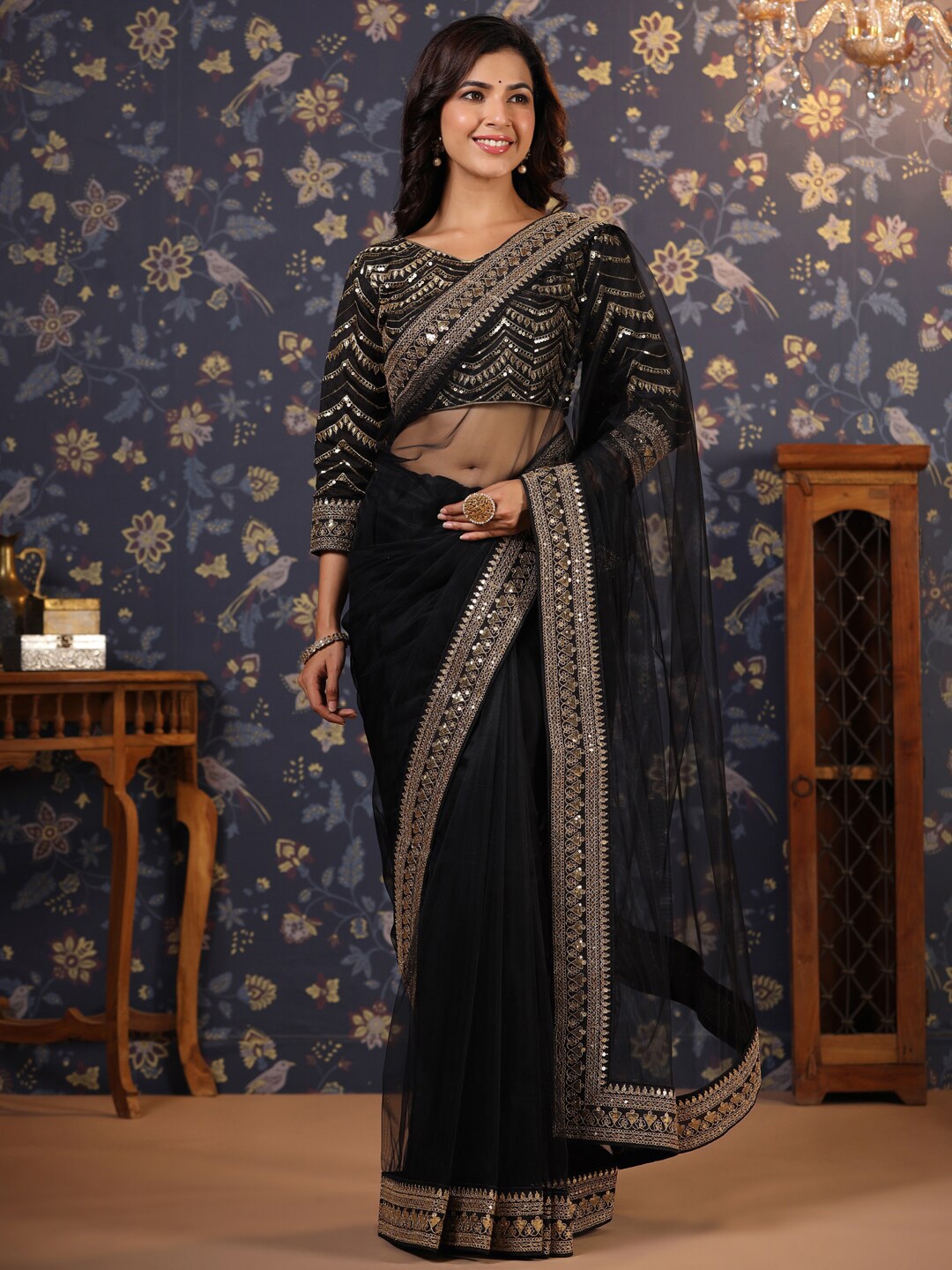 

Ode by House of Pataudi Embroidered Sequinned Saree, Black