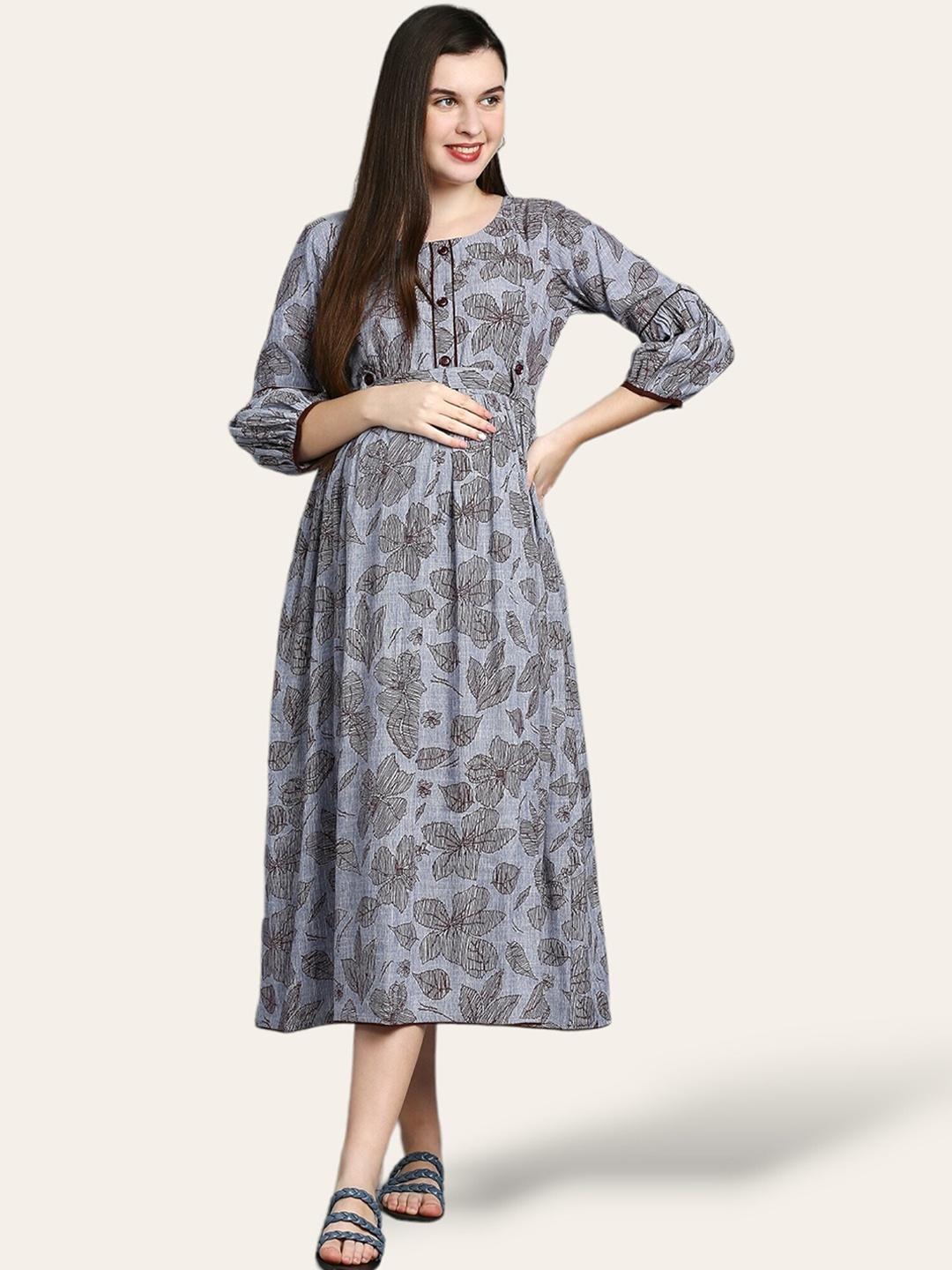 

True Shape Floral Printed Maternity Fit and Flare Midi Ethnic Dress with Nursing Zips, Grey