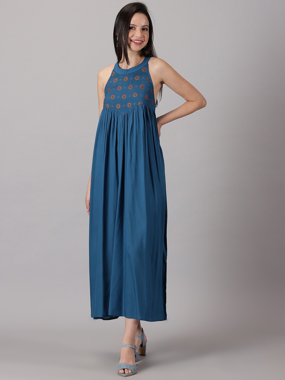 

PURSHOTTAM WALA Floral Printed Halter Neck Gathered A-Line Midi Dress, Blue