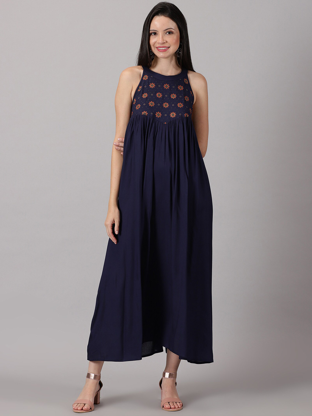 

PURSHOTTAM WALA Floral Printed Halter Neck Gathered A-Line Midi Dress, Blue