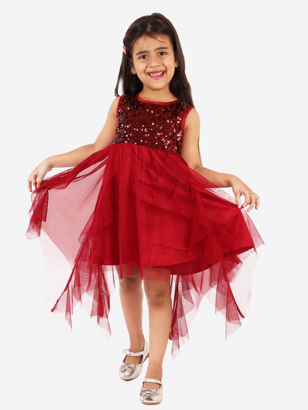 

KidsDew Girls Embellished Net Fit & Flare Dress, Maroon