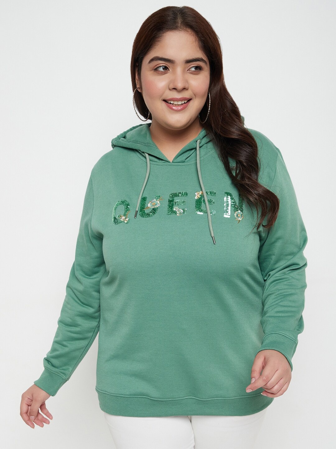 

AUSTIVO Plus Size Embellished Hooded Fleece Sweatshirt, Green