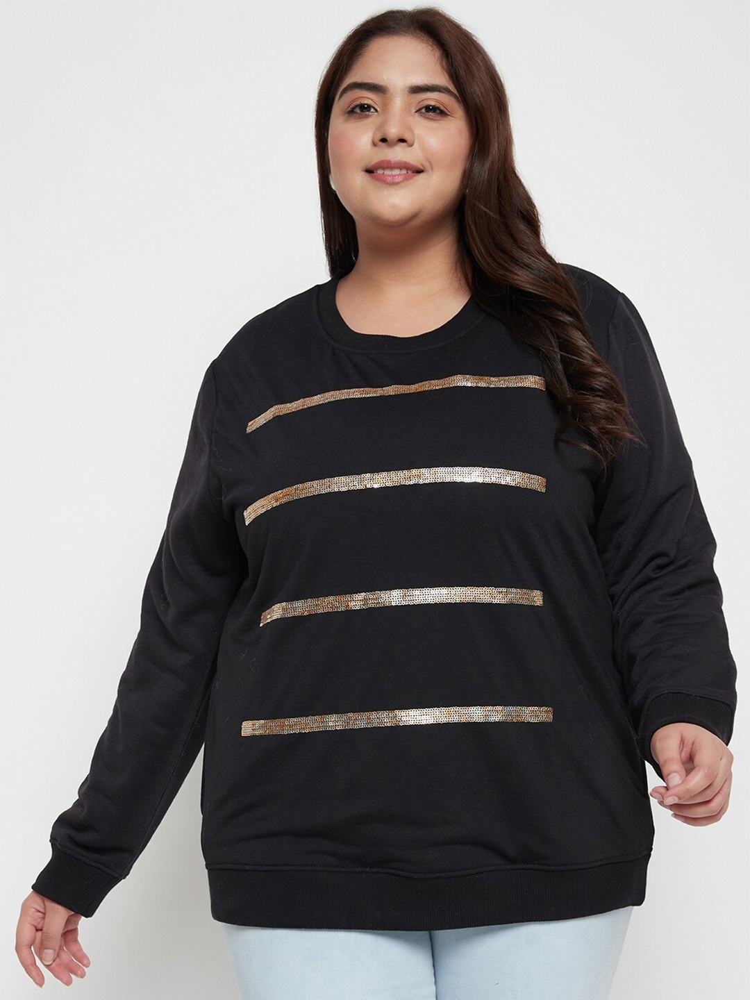 

AUSTIVO Plus Size Striped Fleece Sweatshirt, Black