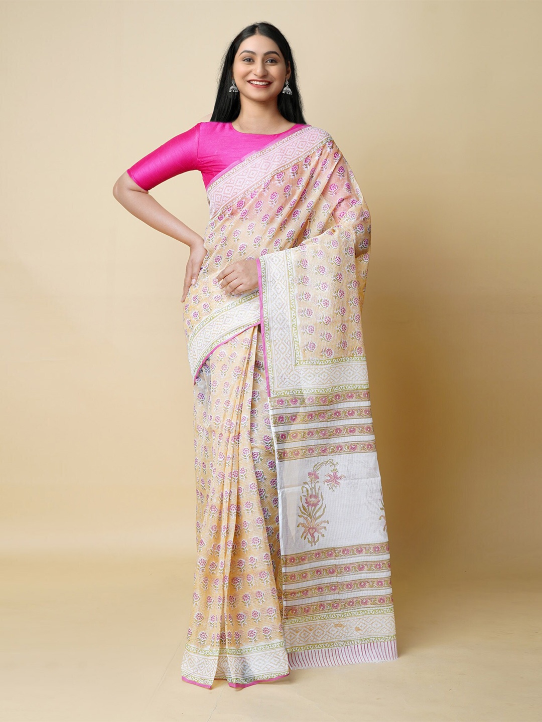 

Unnati Silks Block Printed Pure Cotton Kota Saree, Cream
