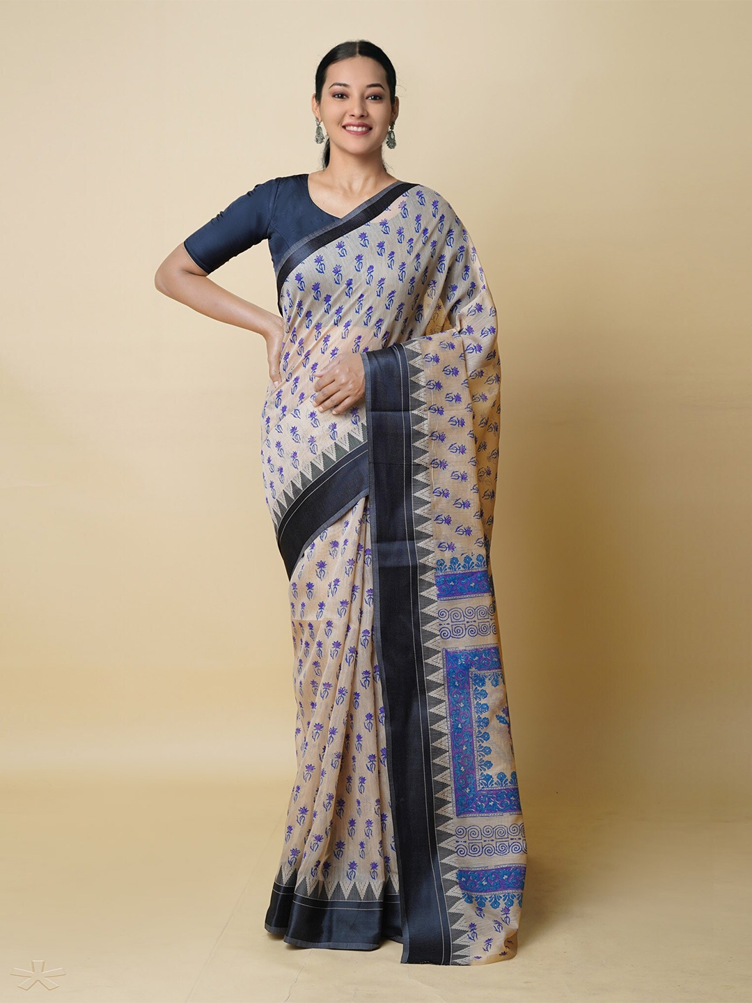 

Unnati Silks Ethnic Motifs Printed Silk Cotton Chanderi Saree, Cream